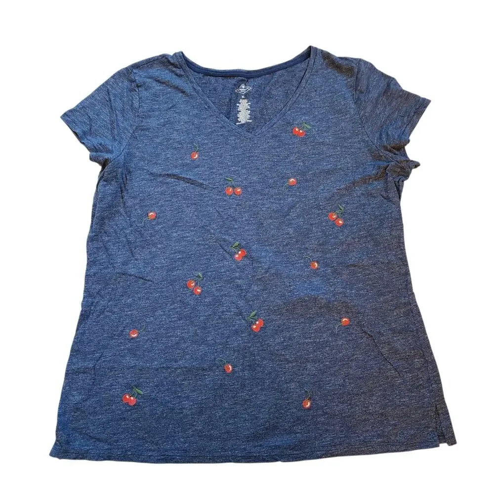 St Johns Bay Womens V-Neck Tee Size XL Blue Embroidered Cherries Short Sleeve